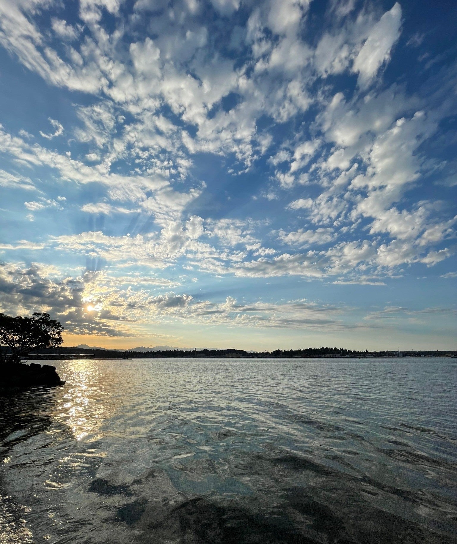 Sunset over a body of water with clouds in the sky